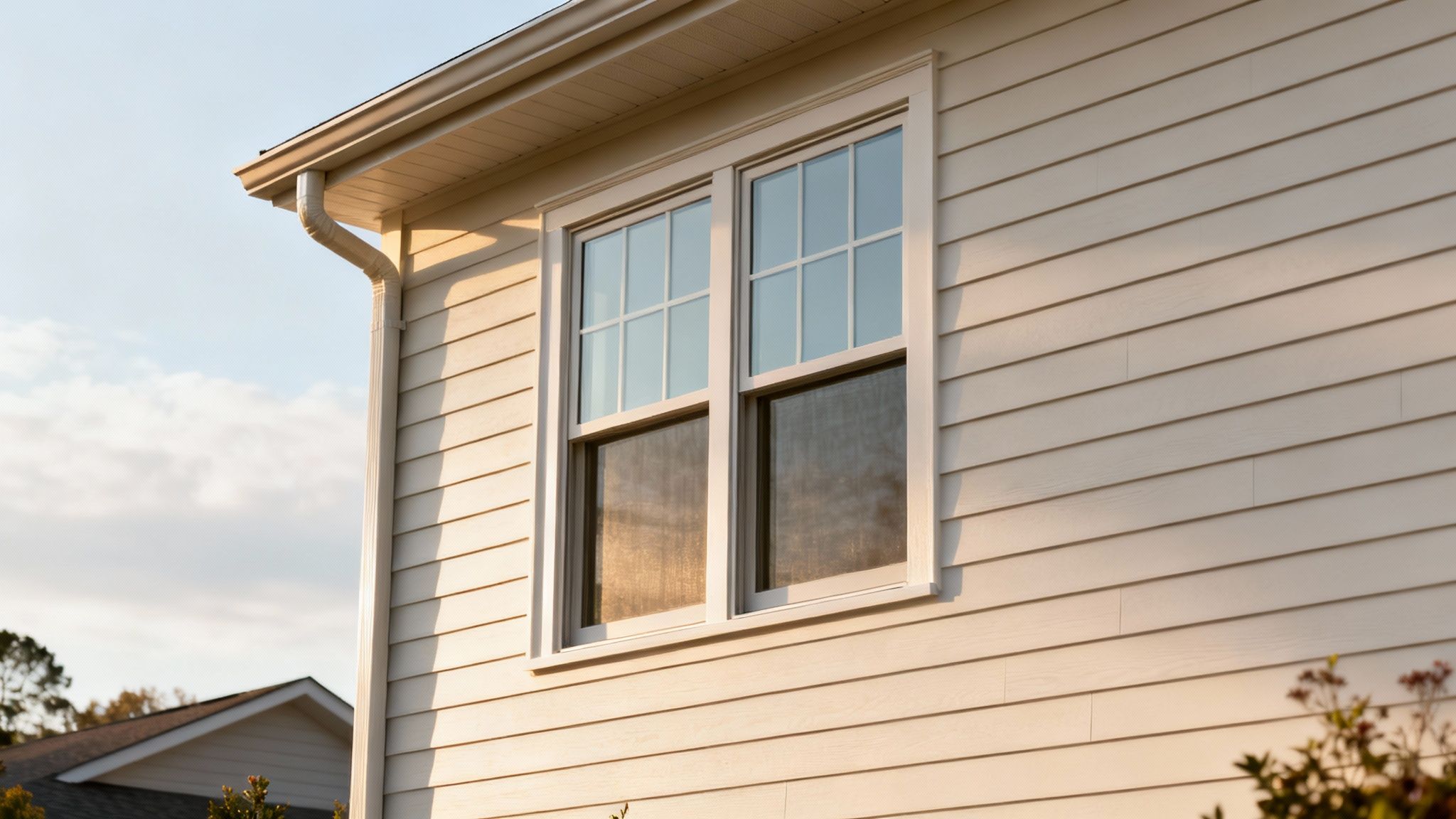 A close-up of a house exterior featuring light-colored siding, a double window, and a white gutter system.