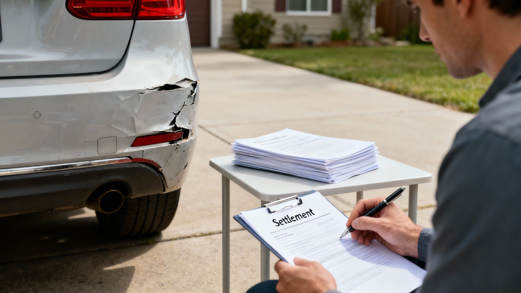 Man signs a car accident settlement form next to a vehicle with a damaged rear bumper.
