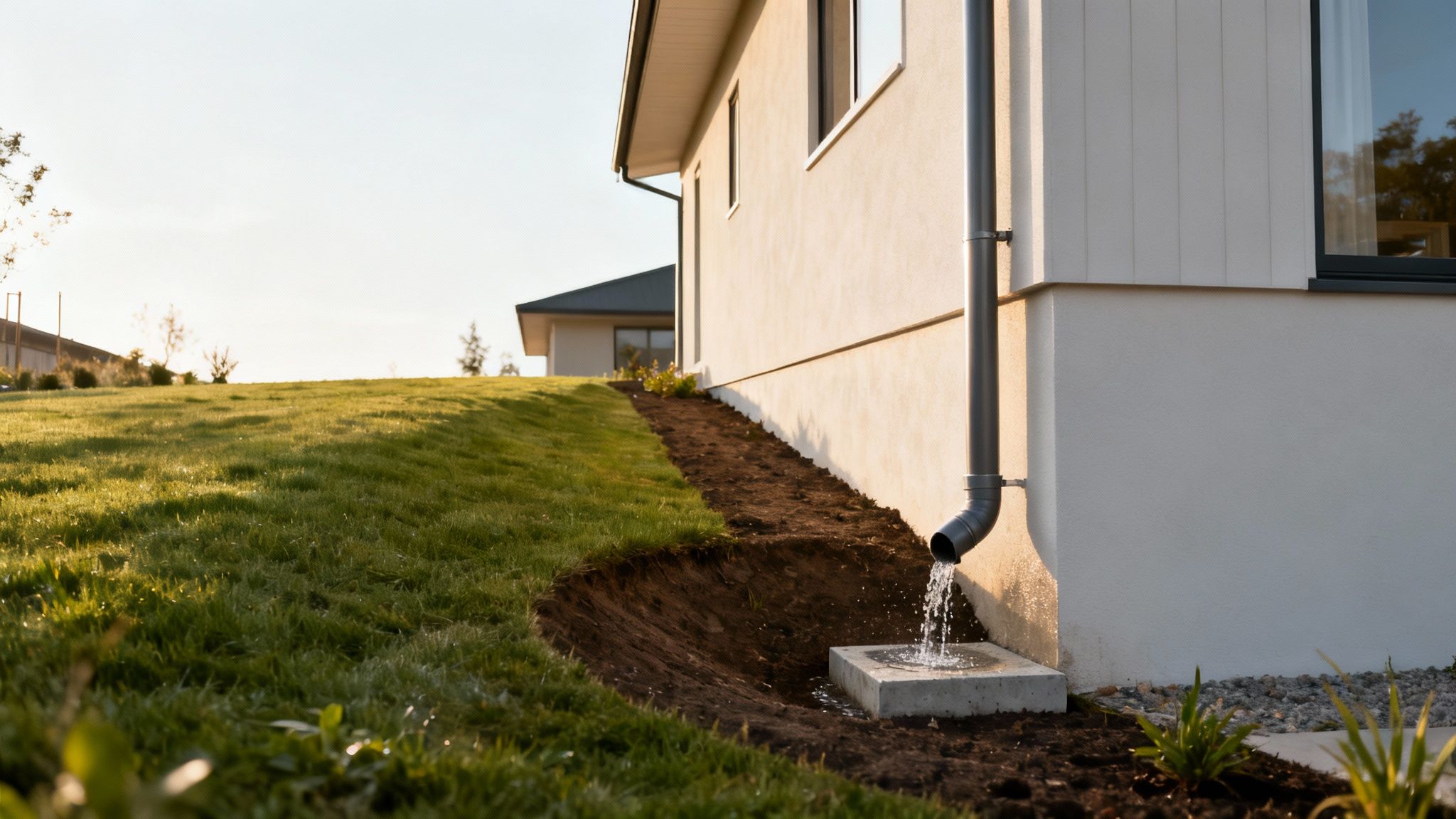 Water flows from a house downspout onto a concrete splash block for drainage.