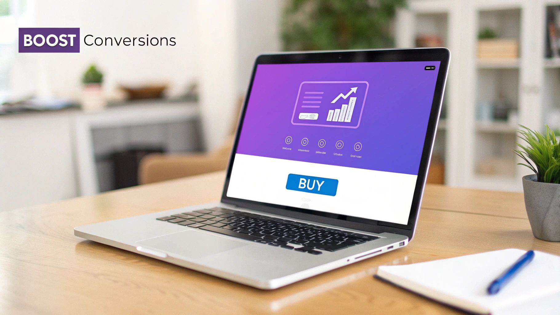 Laptop on a wooden desk showing a conversion graph and a 'BUY' button with a BOOST Conversions logo.