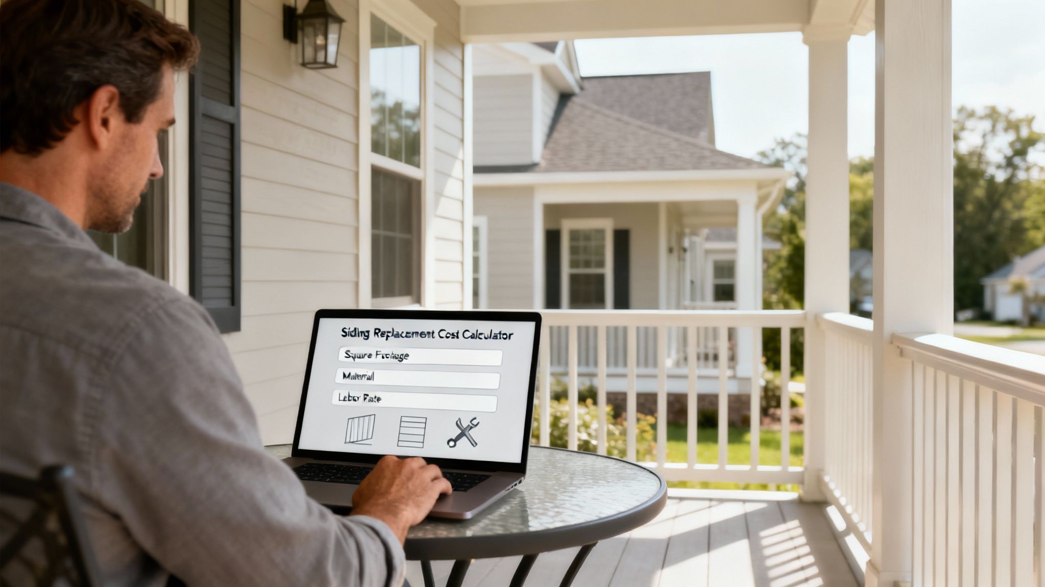 Man on a porch using a laptop with a siding replacement cost calculator displayed on screen, in a suburban setting.