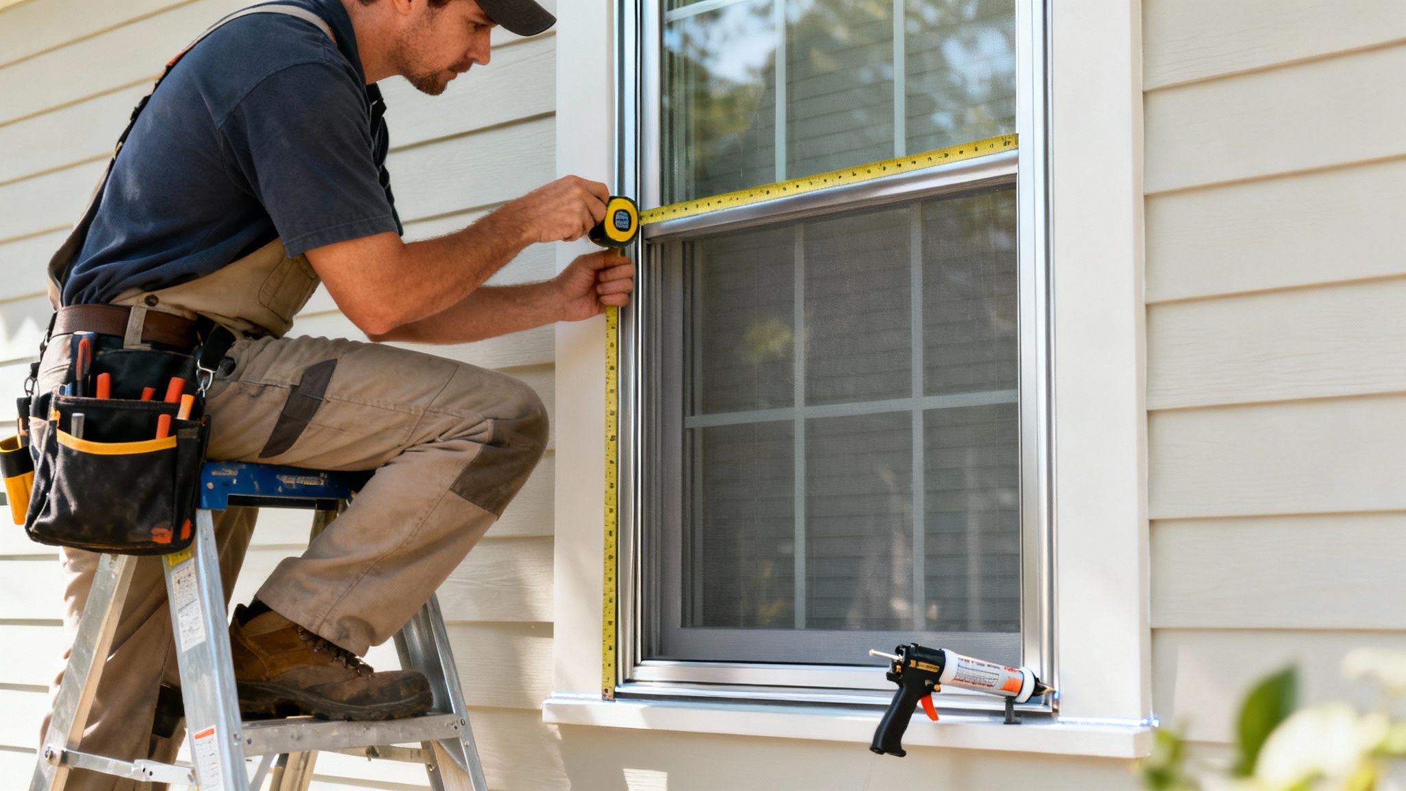 A man on a ladder measures an aluminum storm window with a tape measure, preparing for installation.