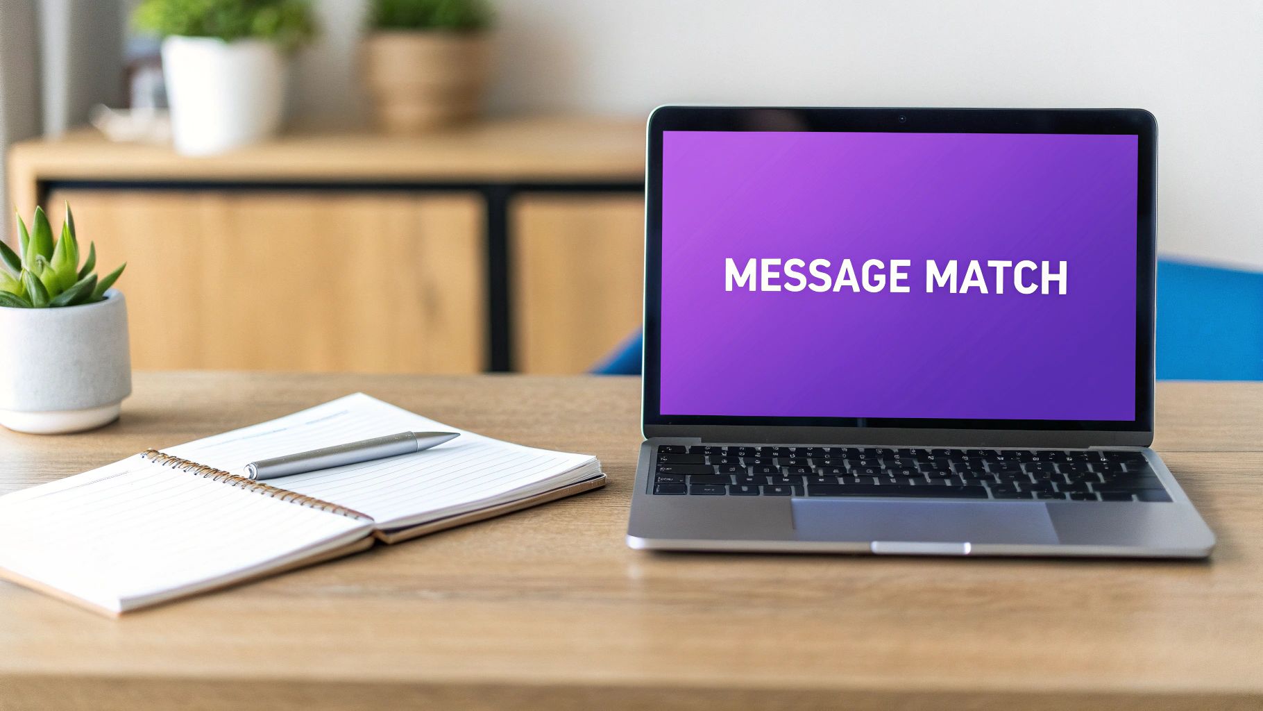 A laptop displaying 'MESSAGE MATCH' on a purple screen, an open notebook, and a potted plant on a wooden desk.