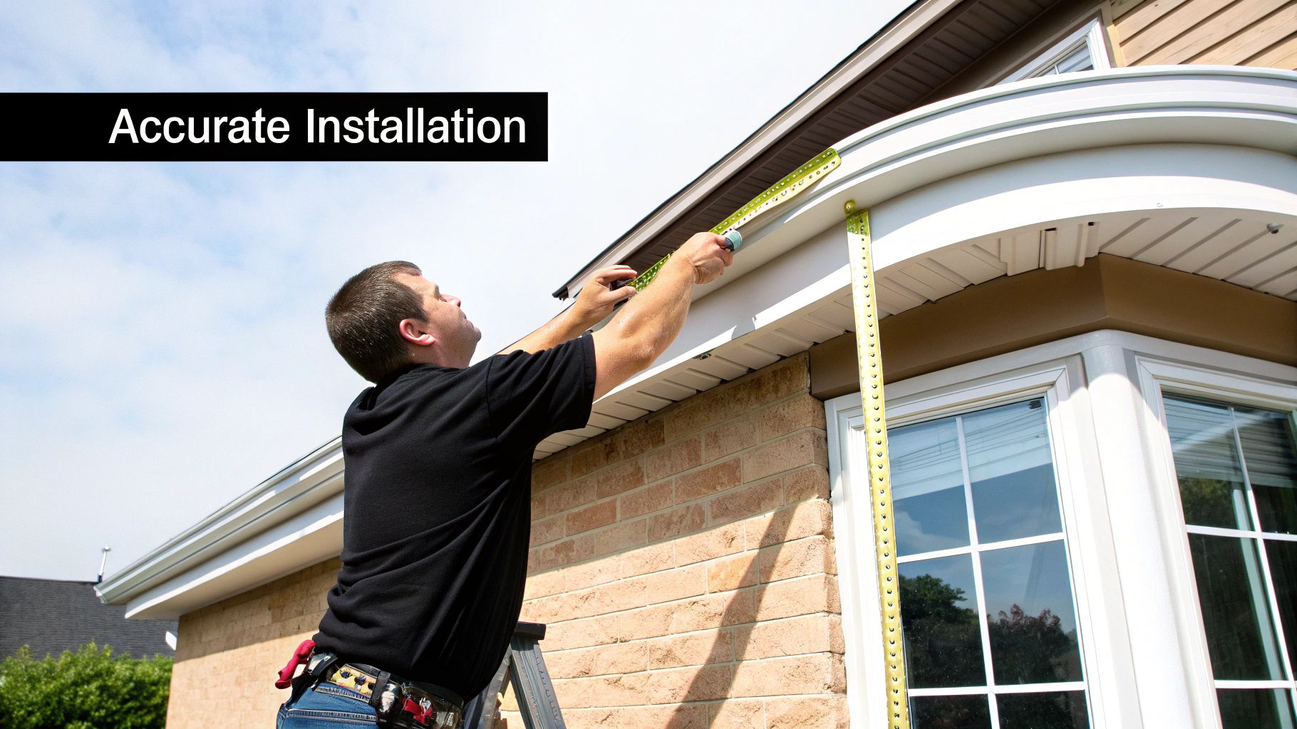 Worker carefully measures a curved section of a house's gutter for accurate installation.