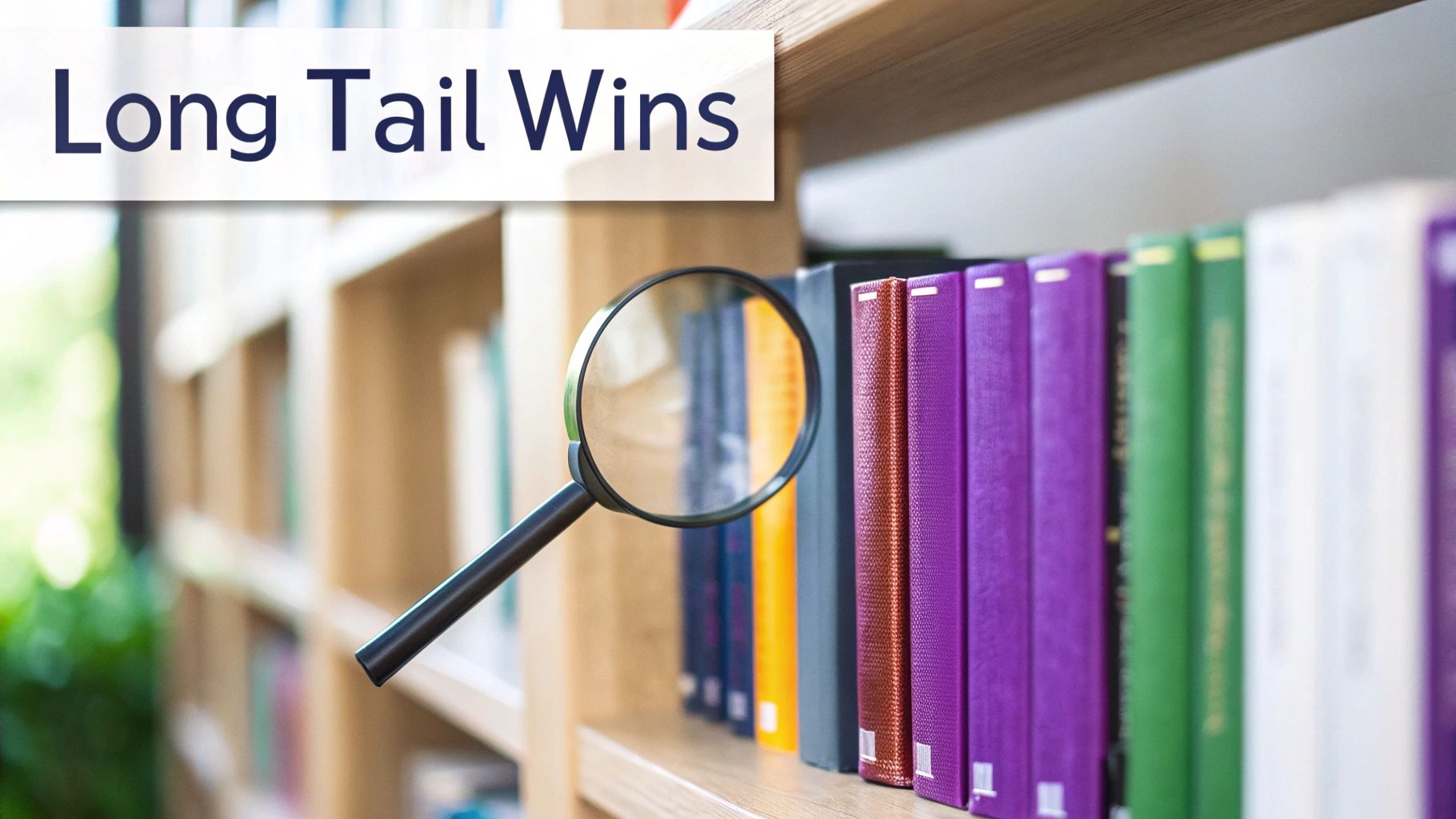 A magnifying glass examines colorful books on a wooden bookshelf with 'Long Tail Wins' text.
