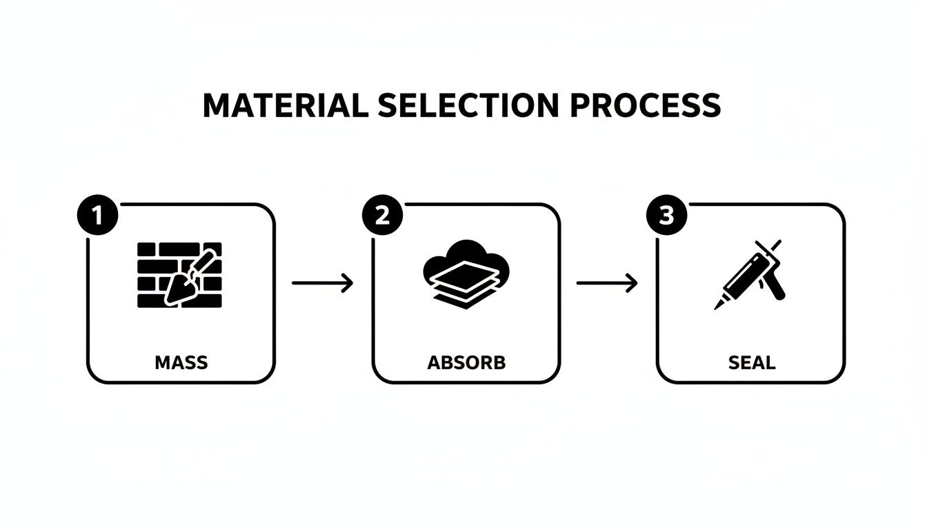 Three-step material selection process diagram showing Mass, Absorb, and Seal with icons and arrows.