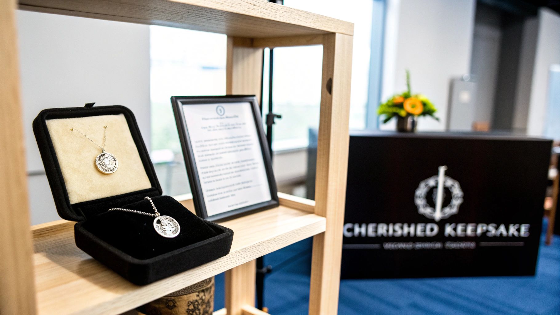 Two silver necklaces displayed in open black velvet boxes on a wooden shelf, with a branded sign in the background.