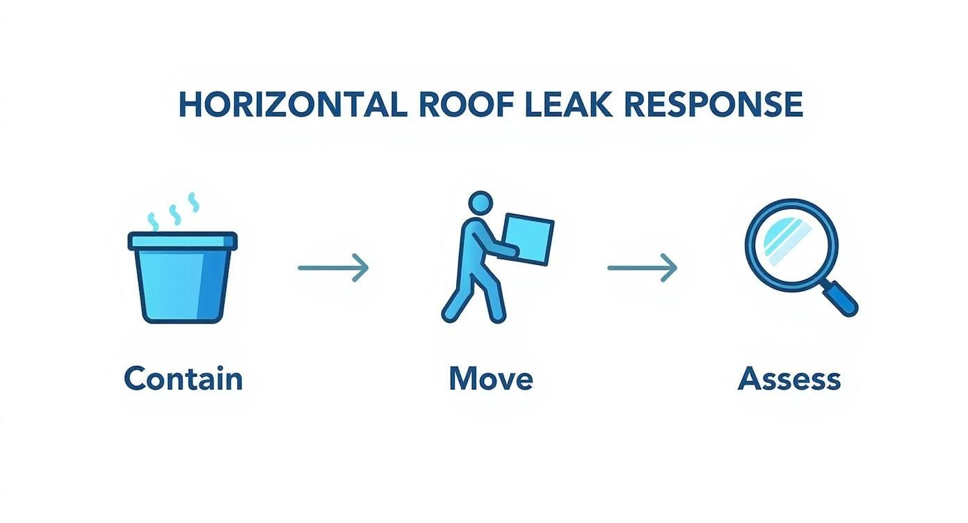 Diagram illustrating the three steps for horizontal roof leak response: contain, move, and assess.