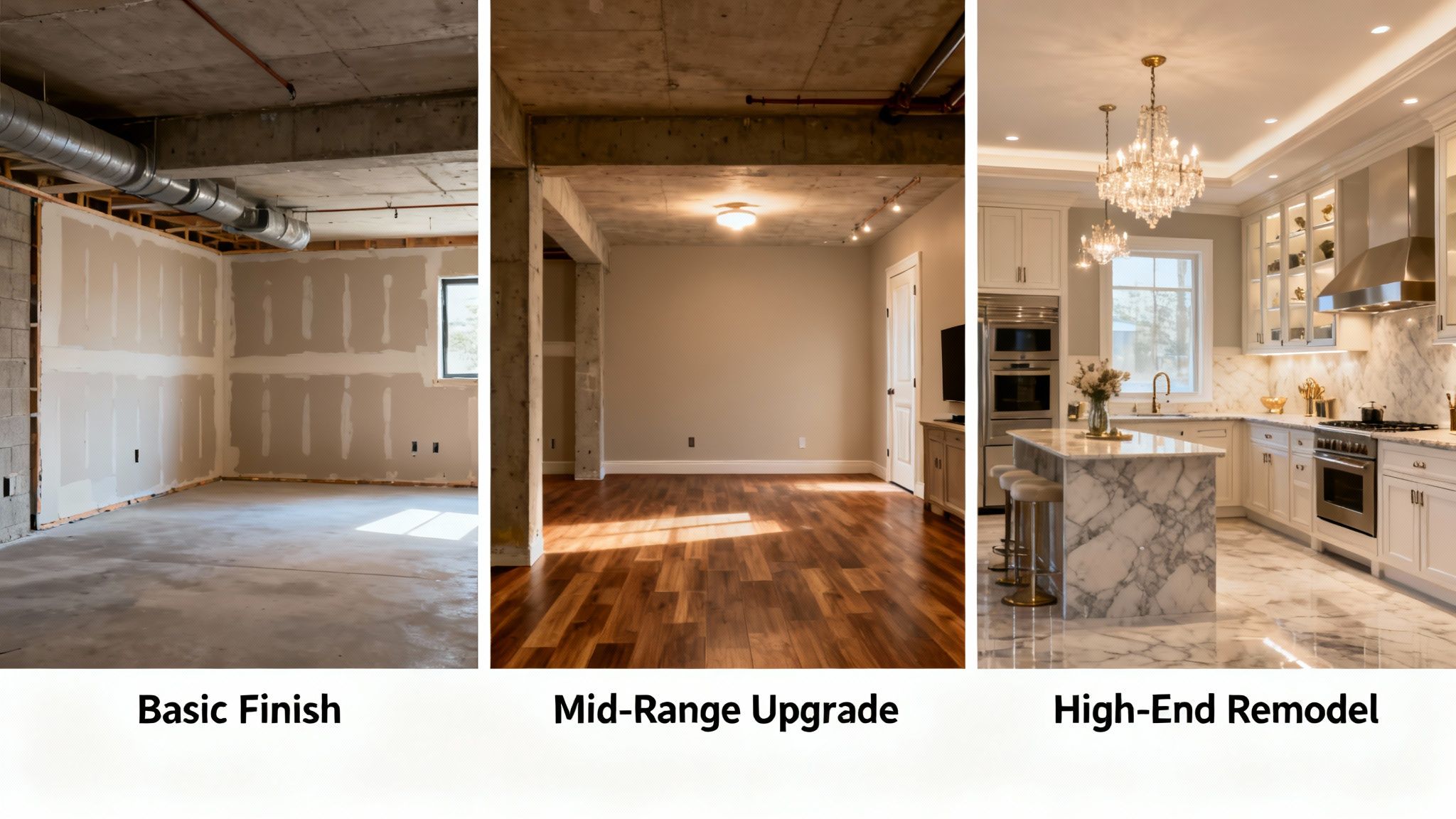 A modern, renovated basement with a seating area, kitchenette, and comfortable lighting.