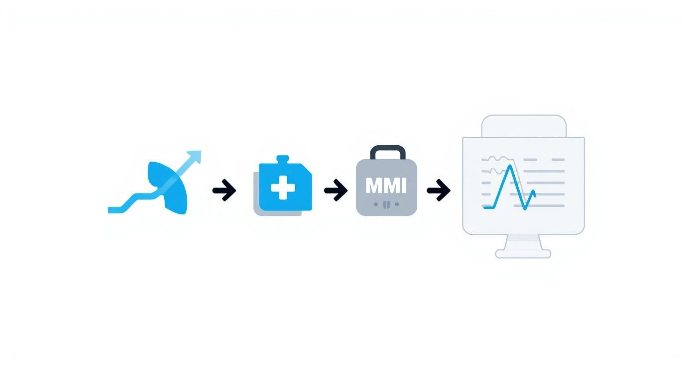 Flowchart showing progression from injury through medical treatment to maximum medical improvement and results monitoring