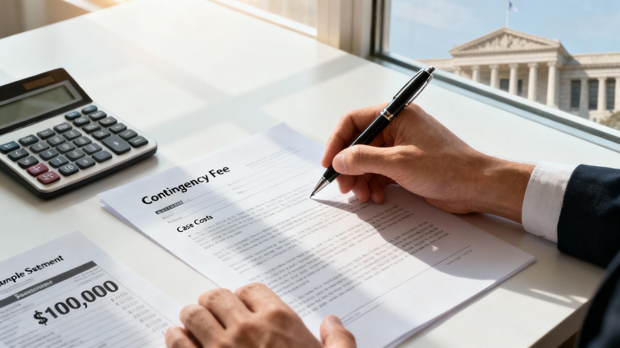 Financial documents and a gavel on a desk, representing legal agreements.