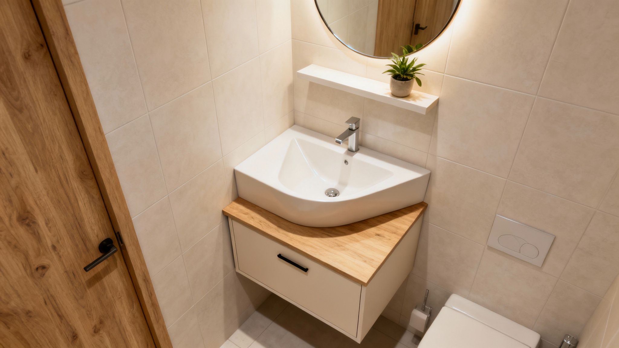 A bright, modern small bathroom features a corner sink, wooden vanity, round mirror with light, and a toilet.