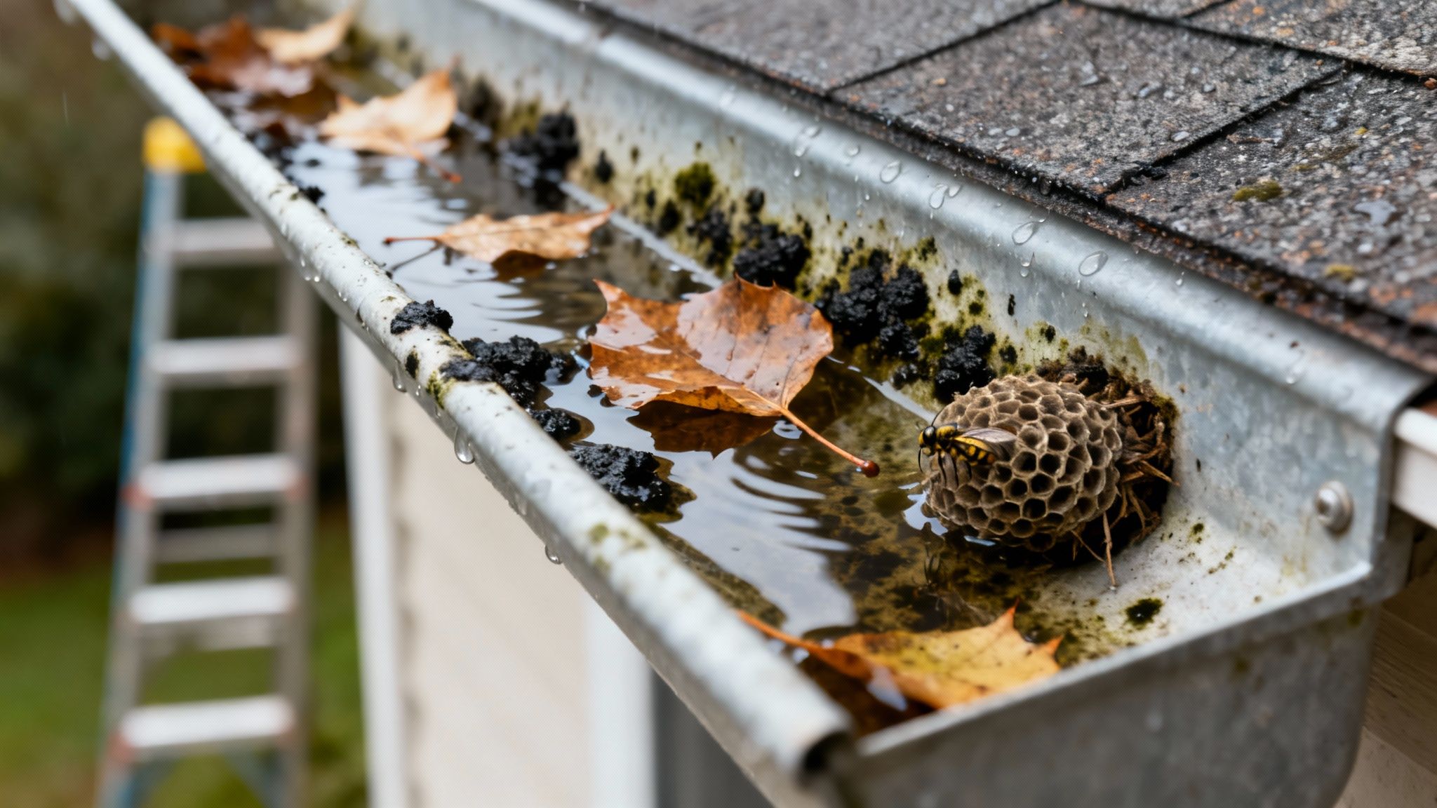 Clogged rain gutter filled with autumn leaves, standing water, mold, and wasp nest
