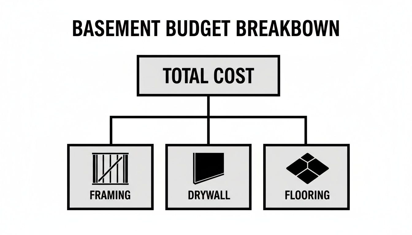 A basement budget breakdown flow chart showing total cost divided into framing, drywall, and flooring categories.
