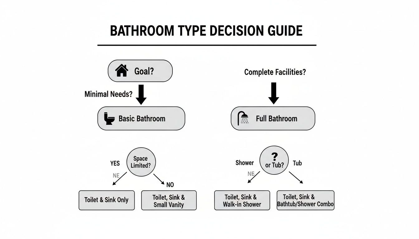 Flowchart guiding the selection of different bathroom types, from basic to full, considering needs and space.