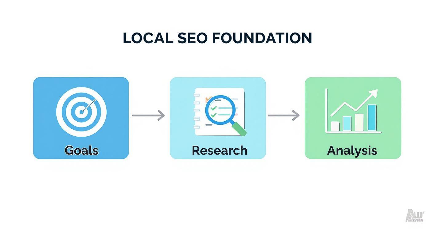 Local SEO foundation workflow diagram showing three steps: goals, research, and analysis with icons