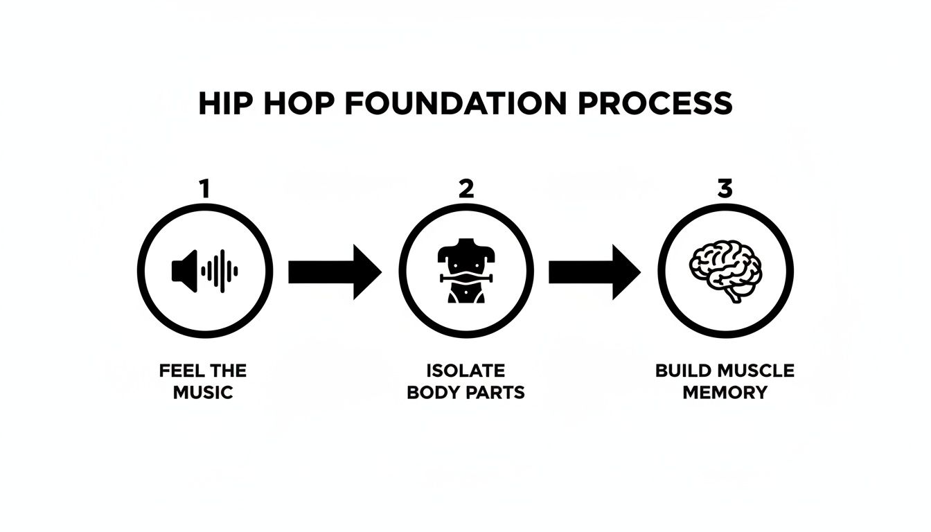 A diagram illustrating the three steps of the Hip Hop Foundation Process for dancing.