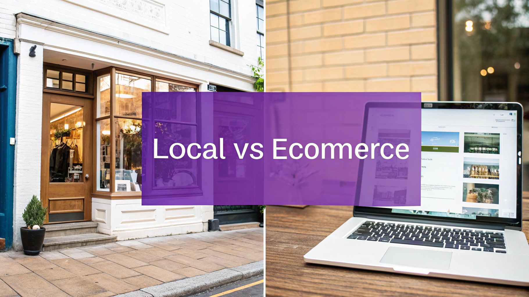 Split image showing a local storefront and a laptop with an e-commerce site, titled 'Local vs Ecommerce'.
