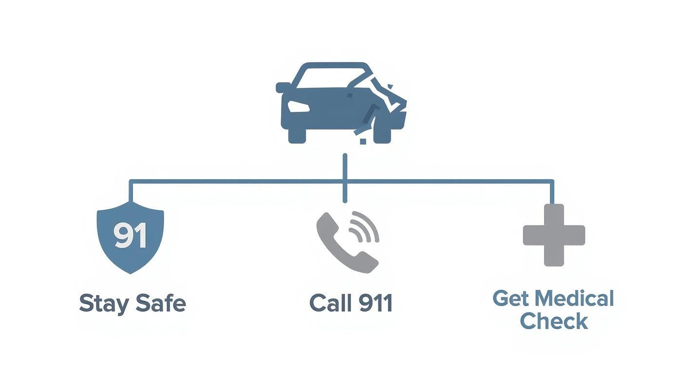 Diagram showing steps to take after a car accident: Stay Safe (91), Call 911, and Get Medical Check.