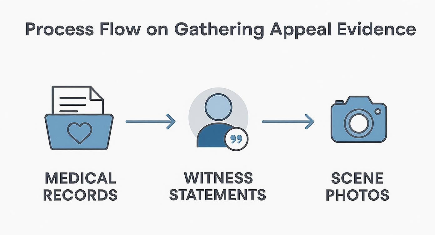 Three-step process flow diagram showing medical records, witness statements, and scene photos for workers compensation appeal evidence