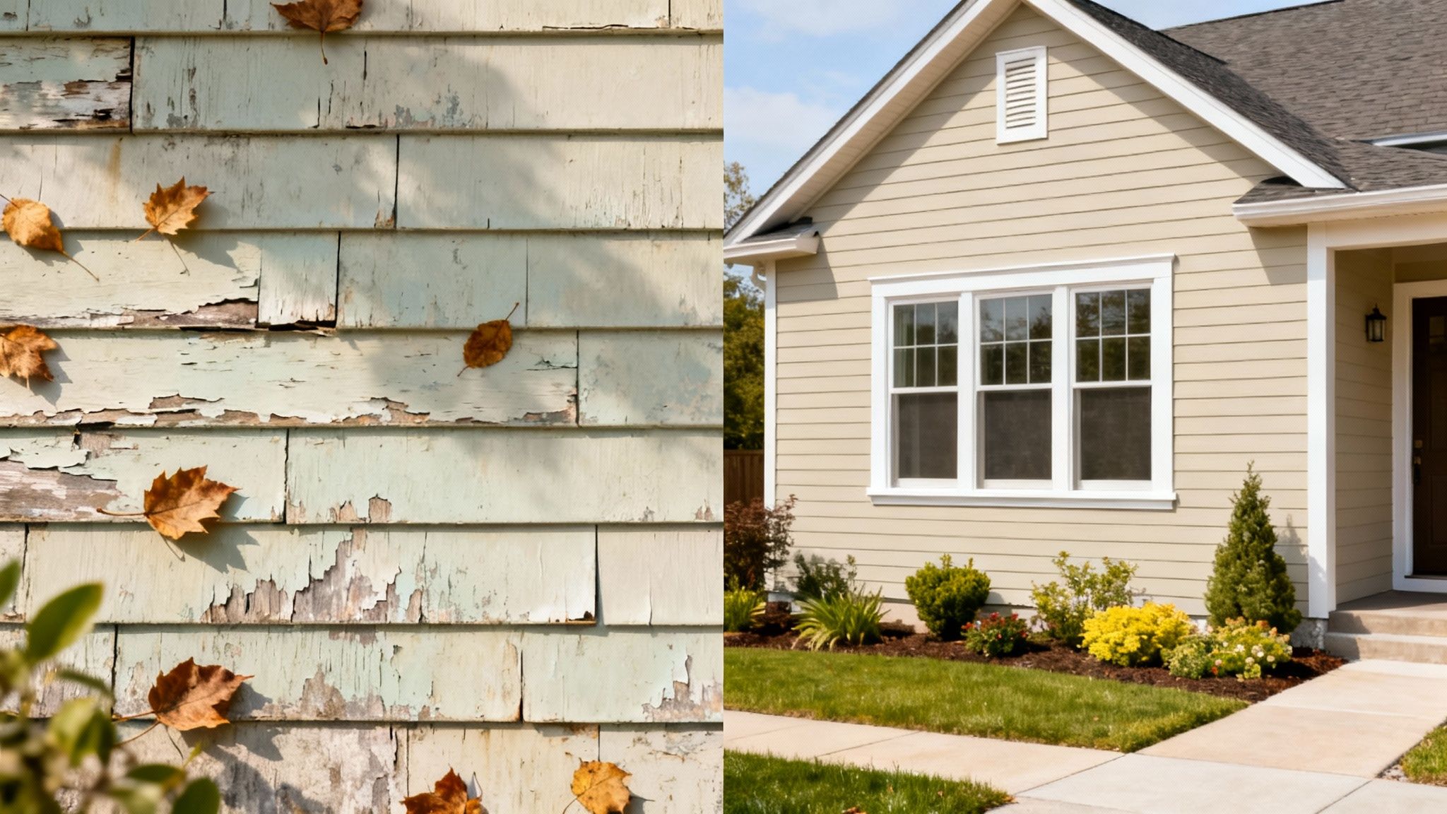 A split image contrasting old, peeling house siding with new, well-maintained siding on a modern home.
