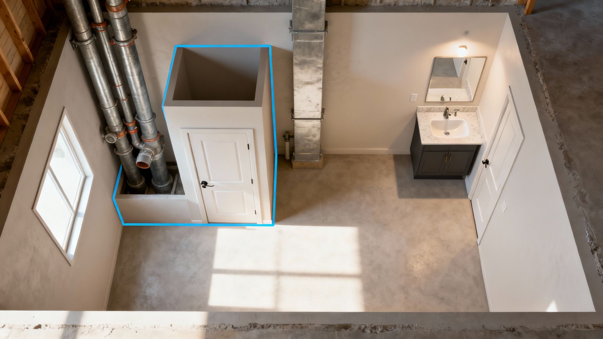 A well-planned basement bathroom with a shower, toilet, and vanity.