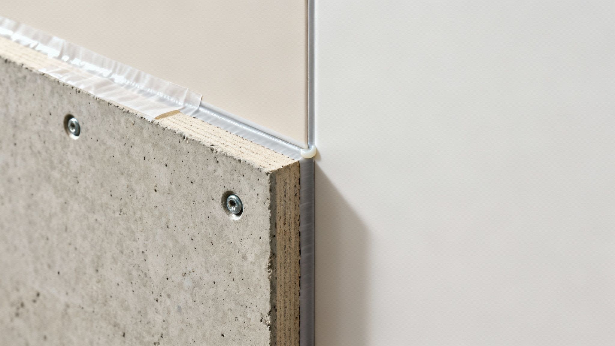 Close-up of building materials: concrete board with screws, transparent tape, and adjacent light-colored wall panels.