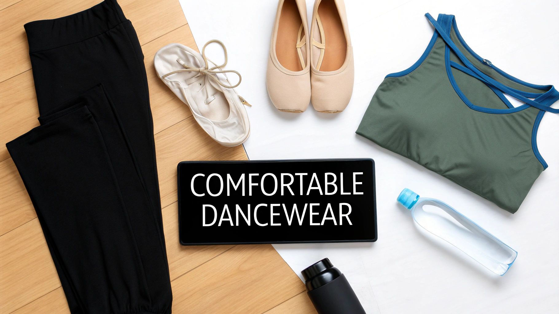 Flat lay of dance essentials: black pants, ballet shoes, sports bra, water bottles, and a 'Comfortable Dancewear' sign.