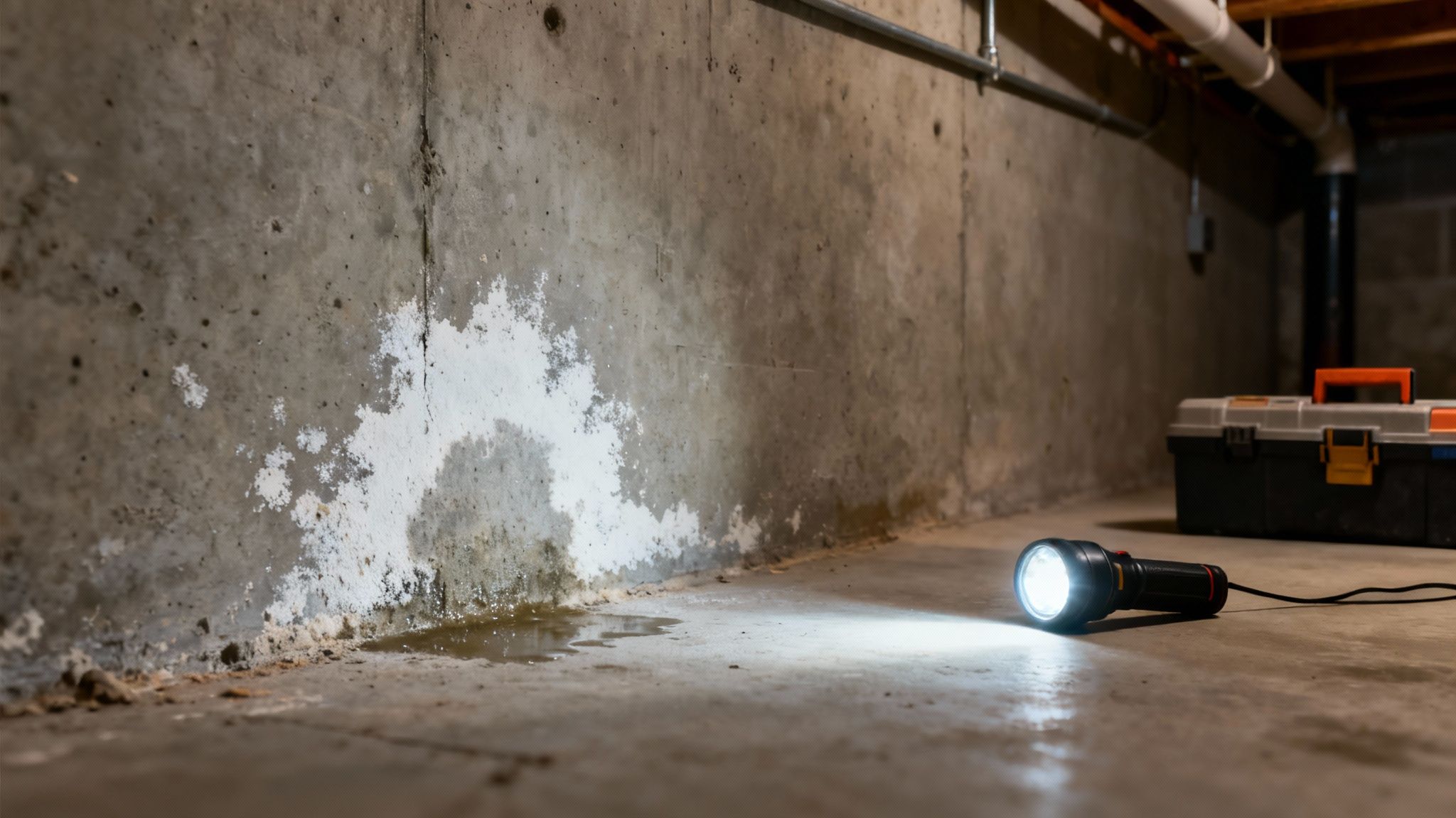 A flashlight illuminates a concrete basement wall with white efflorescence, dampness, and a water puddle.