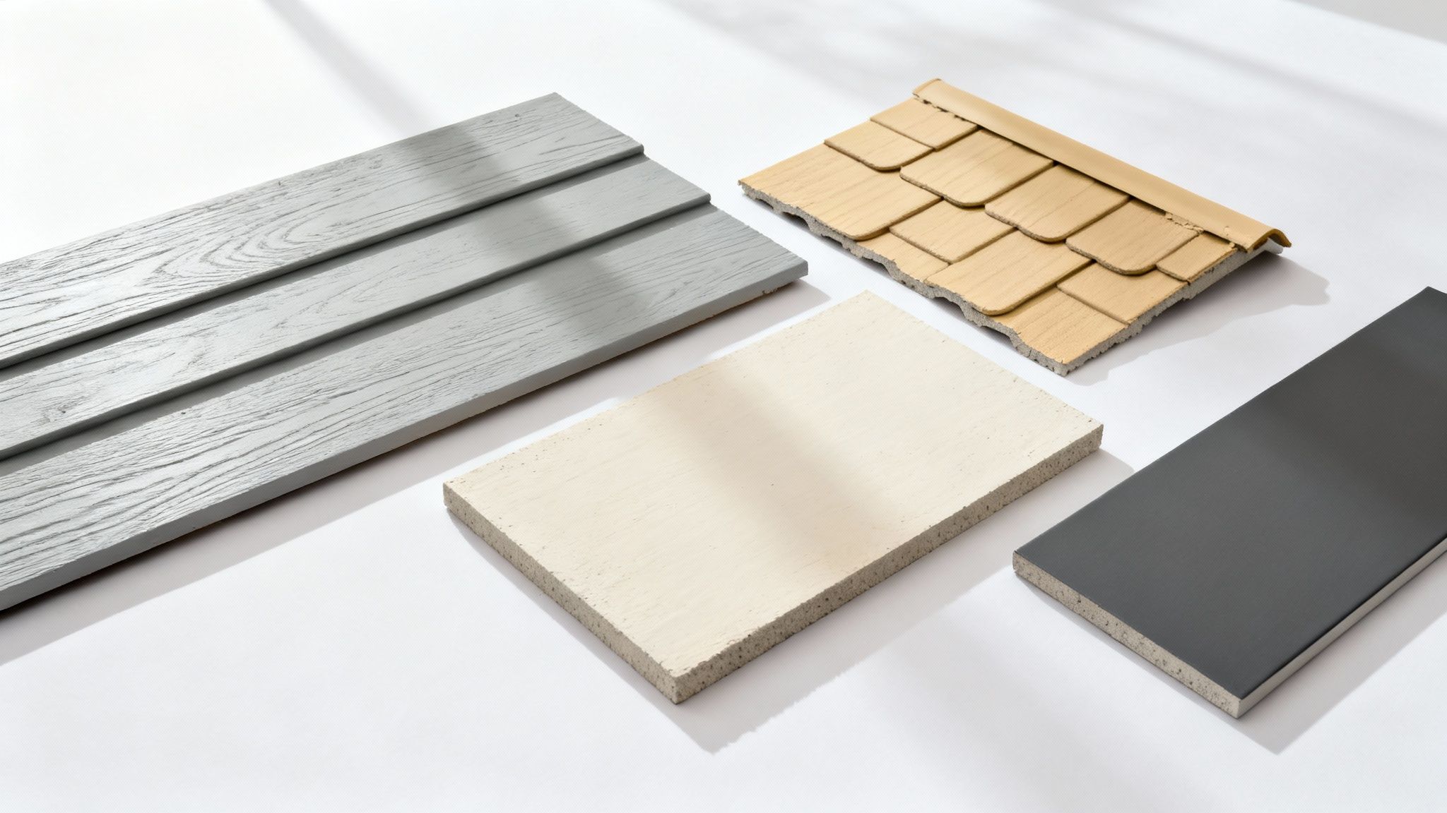Four samples of fiber cement siding in grey, tan, cream, and dark grey finishes, showcasing different textures and styles.