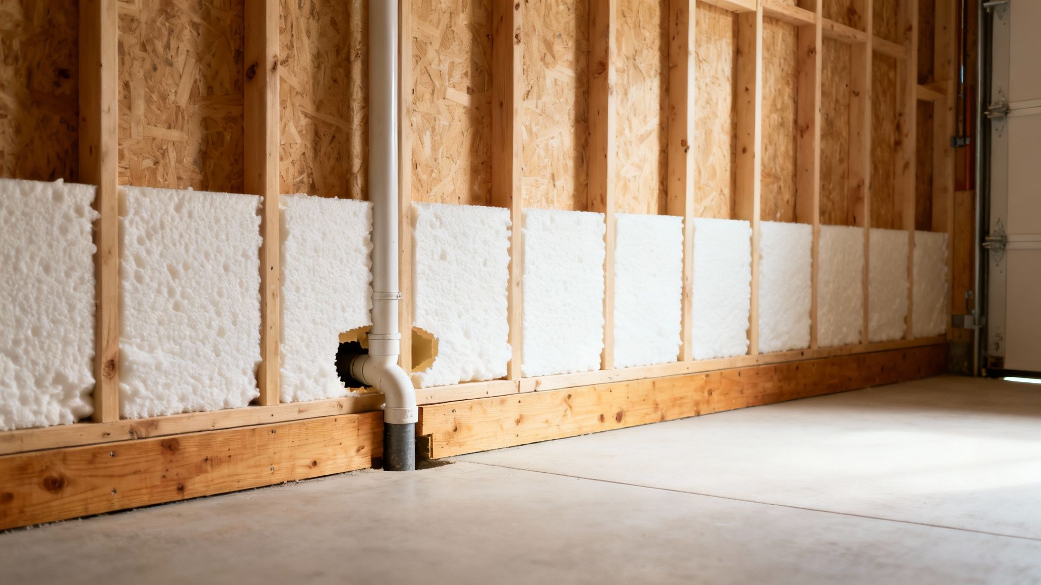 DIY basement wall construction with new foam insulation, wooden framing, and a drain pipe.