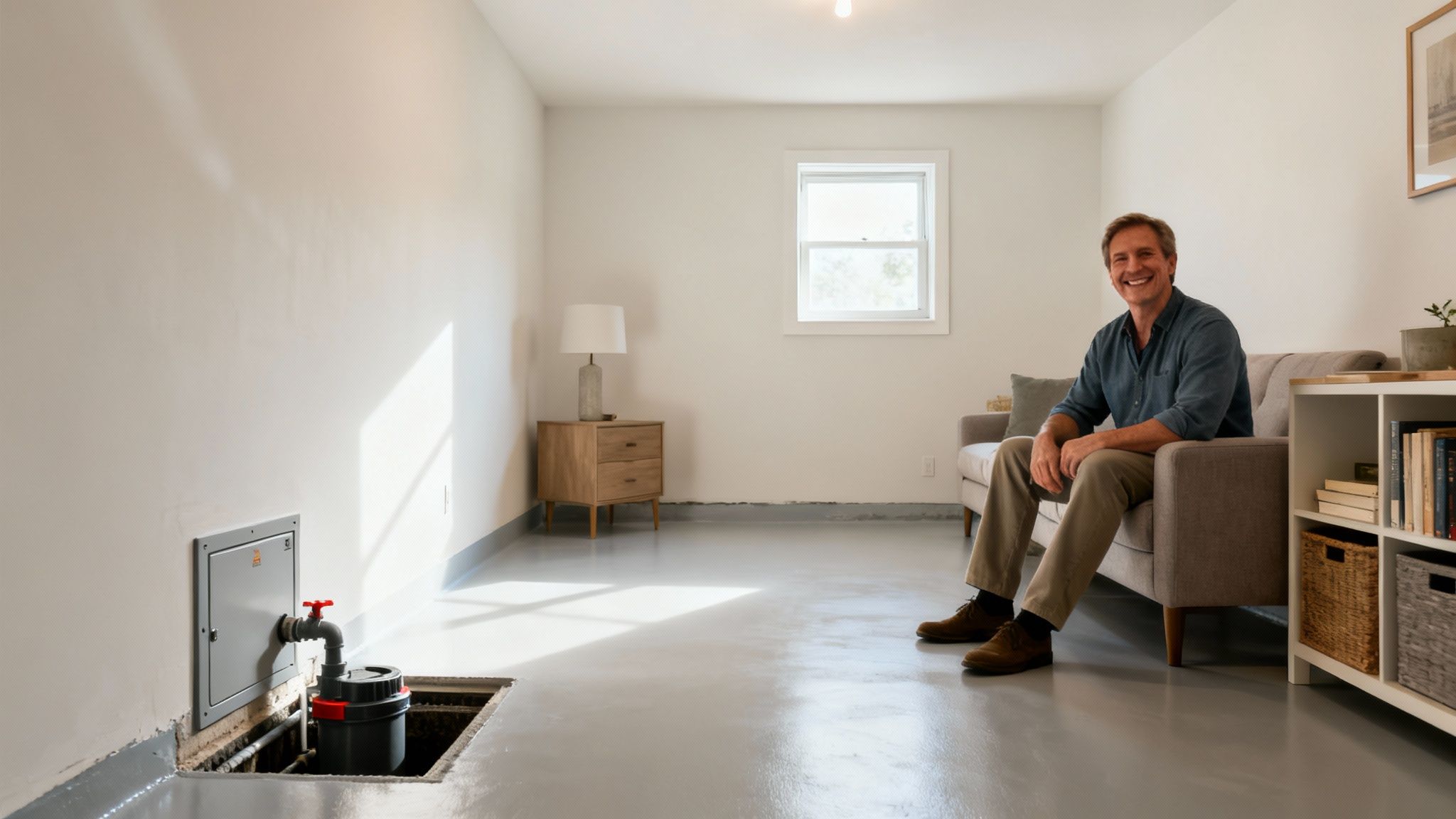 A smiling man sits in a renovated basement living area with a visible sump pump system.