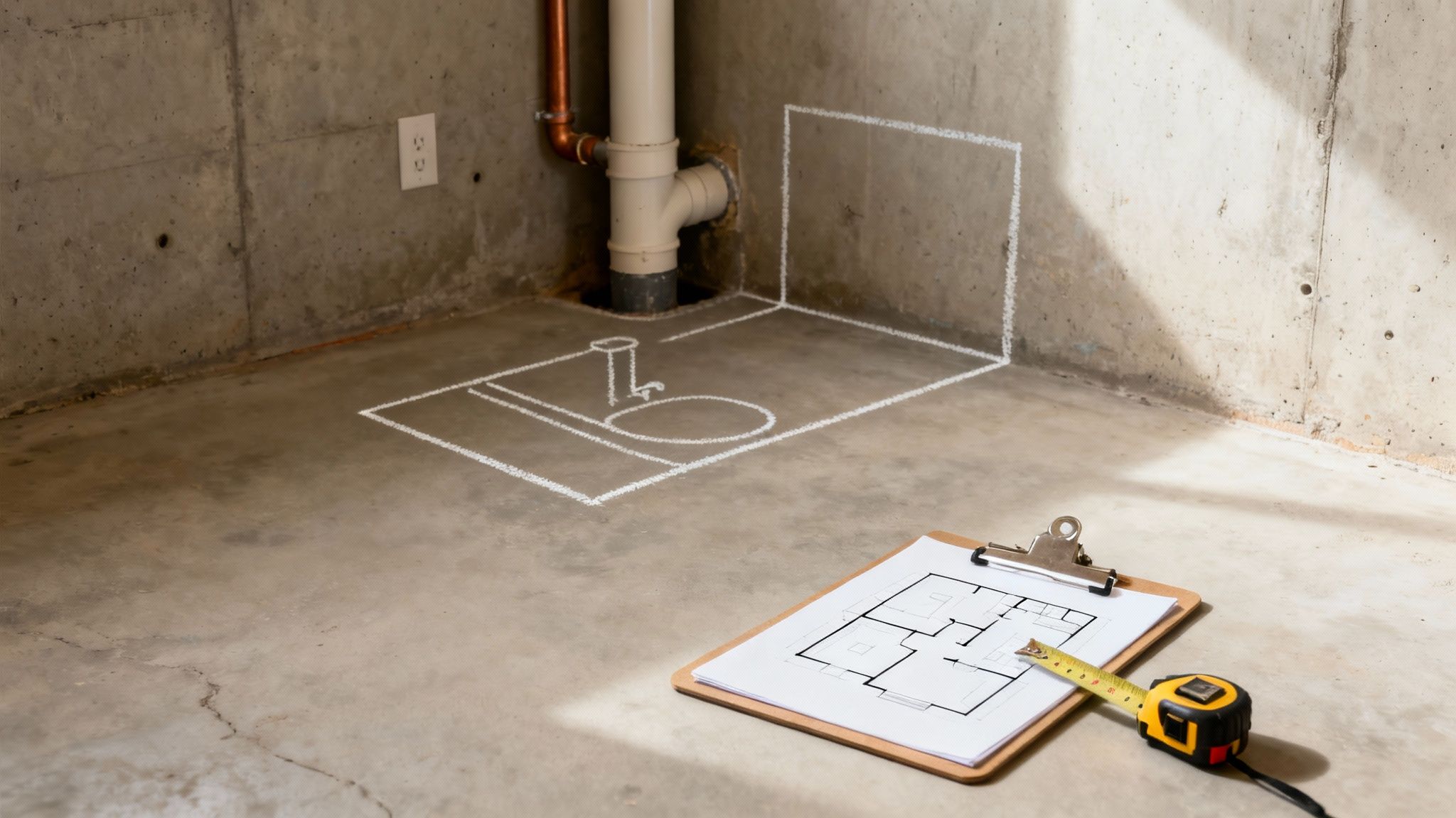 Basement floor with chalk outline of sink and plumbing pipes showing bathroom renovation planning