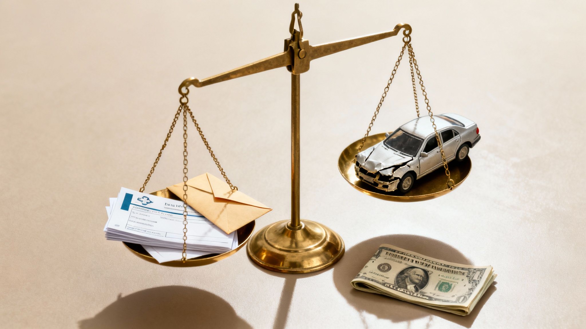 A scale balances a crashed toy car against a stack of documents, symbolizing car accident claims and financial settlements.