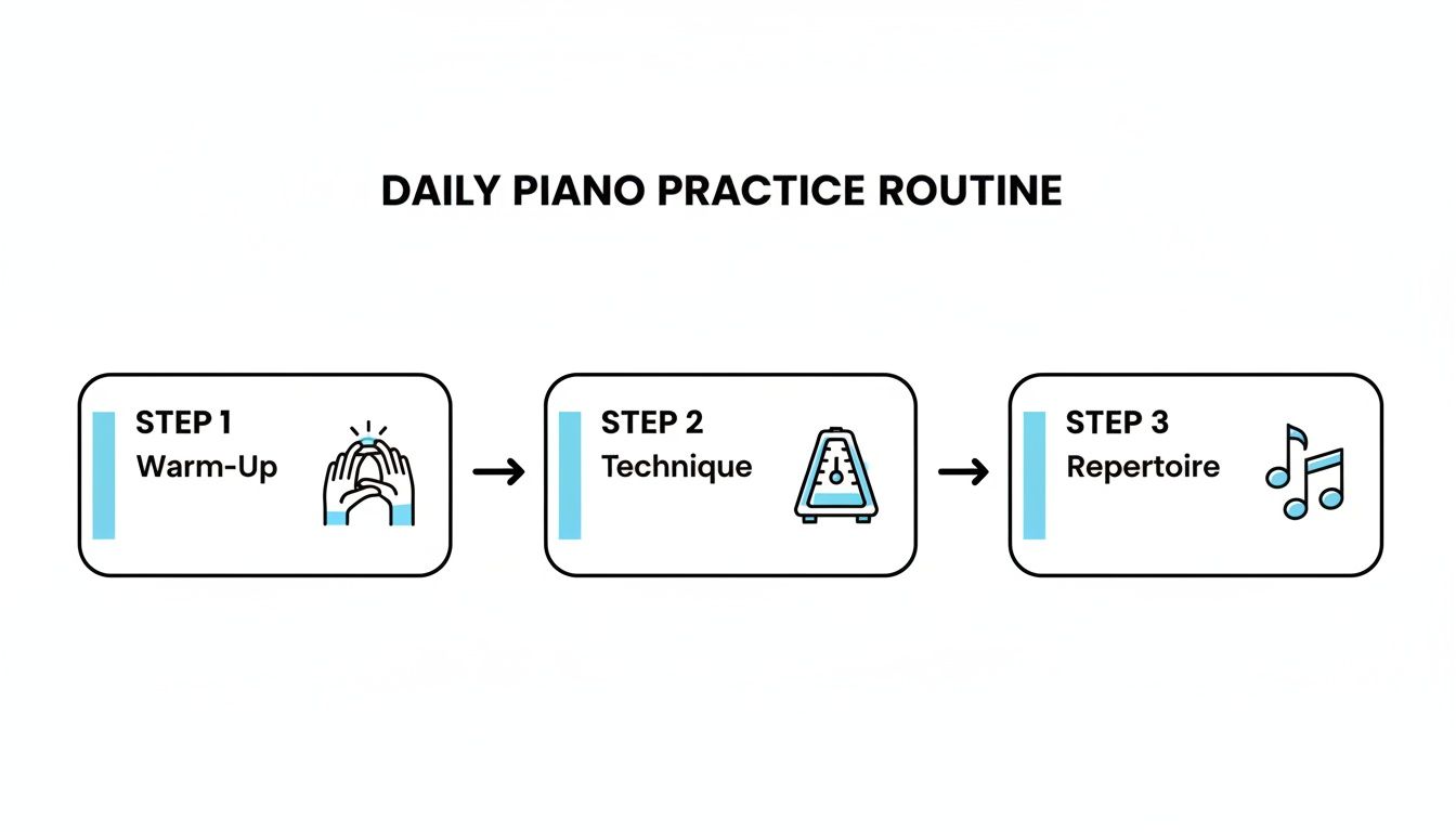 A visual guide detailing a daily piano practice routine with steps for warm-up, technique, and repertoire.