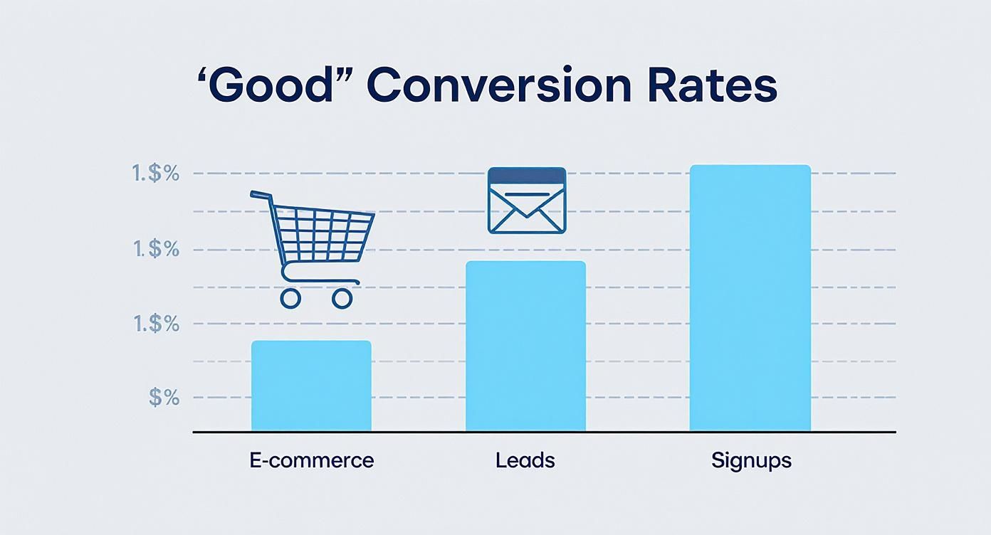 Bar chart illustrating 'Good' Conversion Rates for E-commerce, Leads, and Signups, with signups being highest.