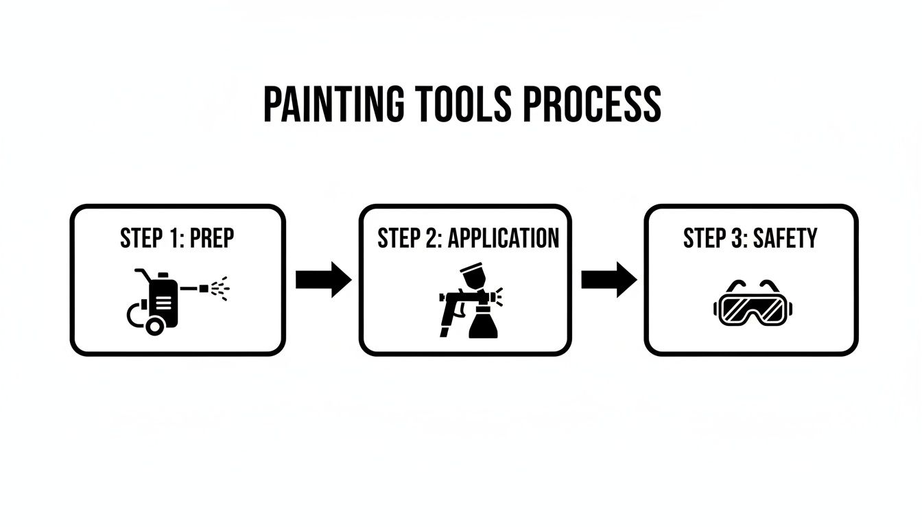 Painting tools process diagram showing three steps: prep (pressure washer), application (spray gun), and safety (goggles).