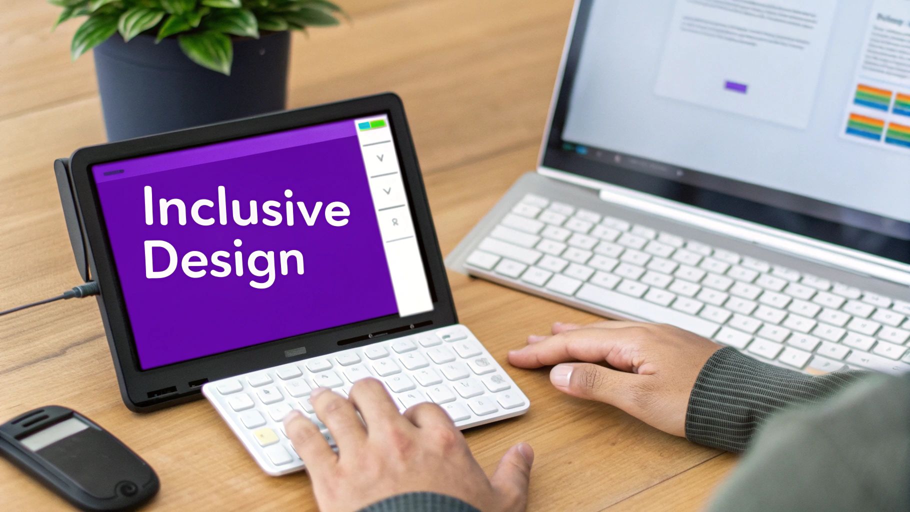 A person types on a small keyboard connected to a tablet displaying 'Inclusive Design' on a purple screen.