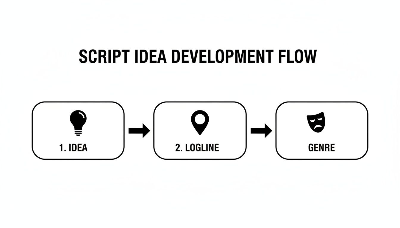 A flowchart illustrating the script idea development process from idea to logline and genre selection.