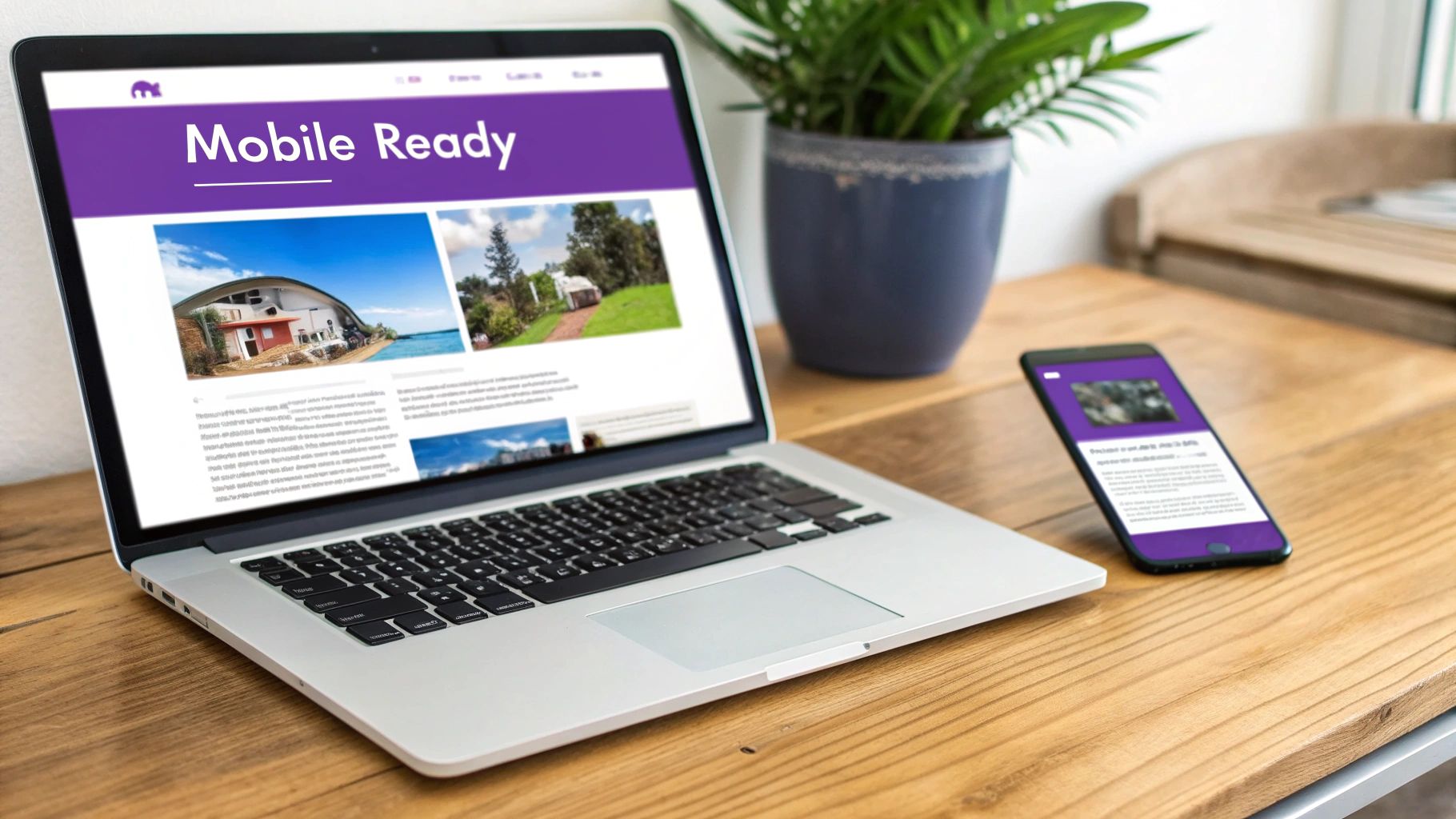 A laptop and smartphone on a wooden desk, both displaying a 'Mobile Ready' website with purple branding.
