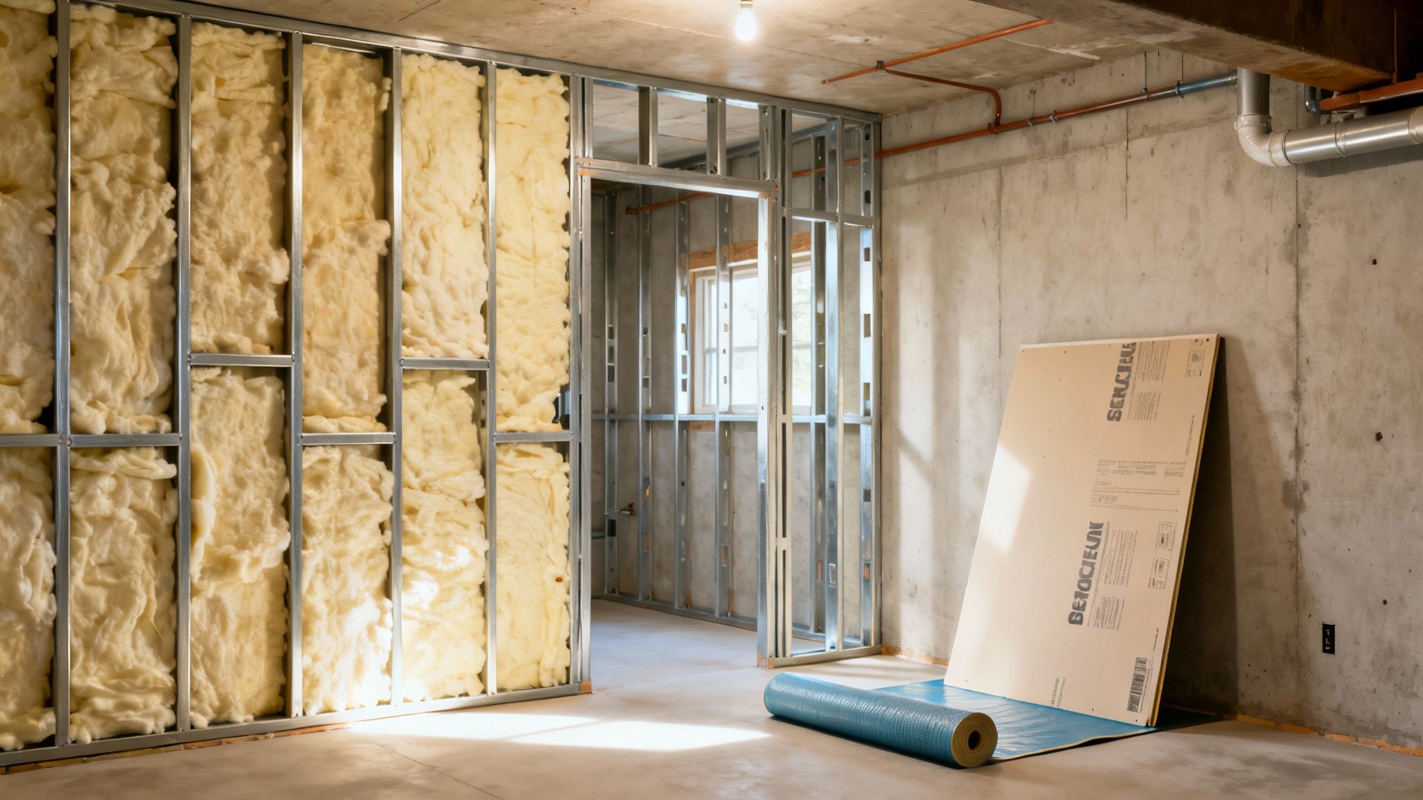 Basement under construction with metal stud walls, insulation, concrete, and building materials.