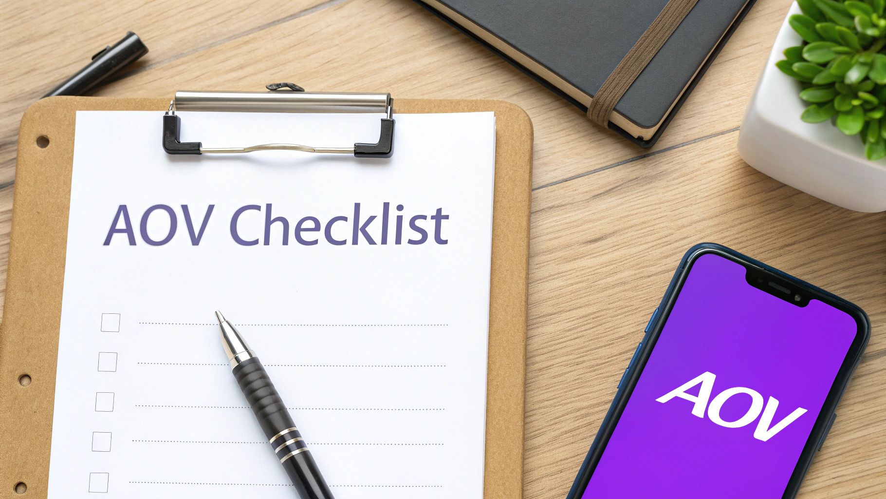 A flat lay image of a wooden desk with an AOV Checklist, a pen, and a smartphone displaying AOV.