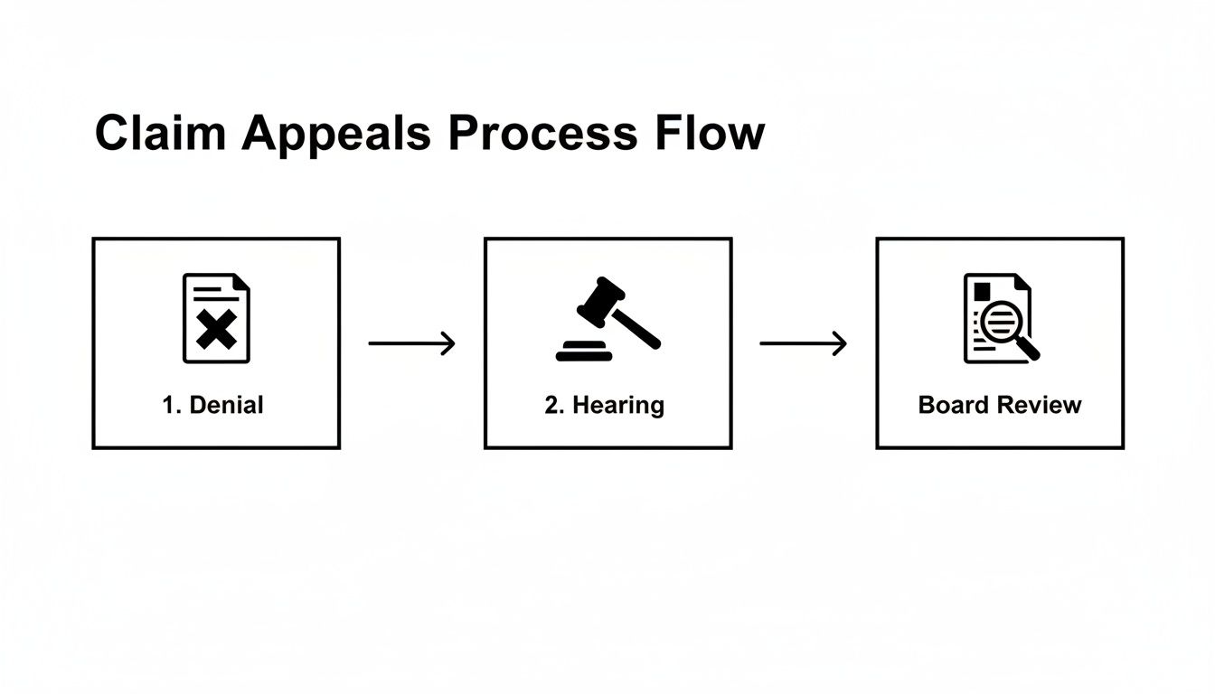 A flowchart illustrates the claim appeals process, showing steps: Denial, Hearing, and Board Review.