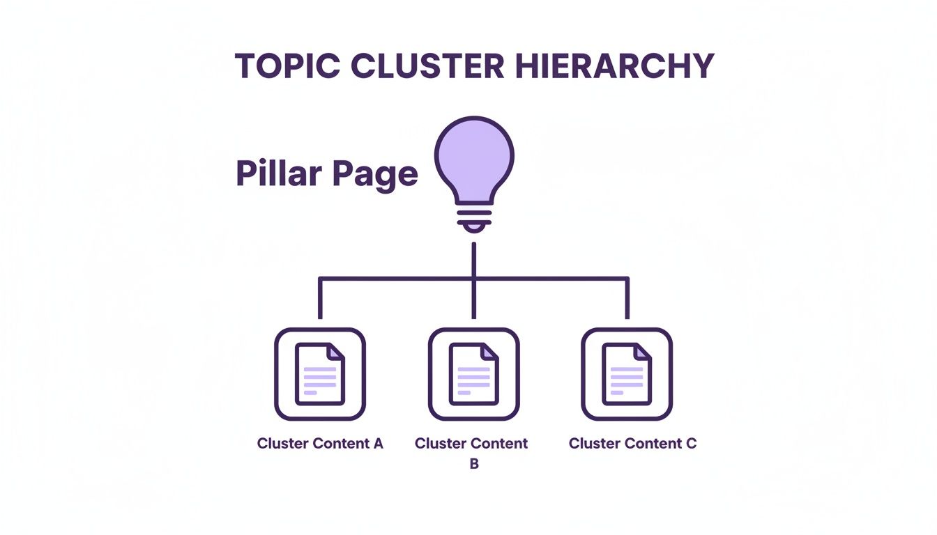 A diagram illustrating an SEO topic cluster hierarchy, showing a pillar page (lightbulb) connected to three supporting cluster content pieces.