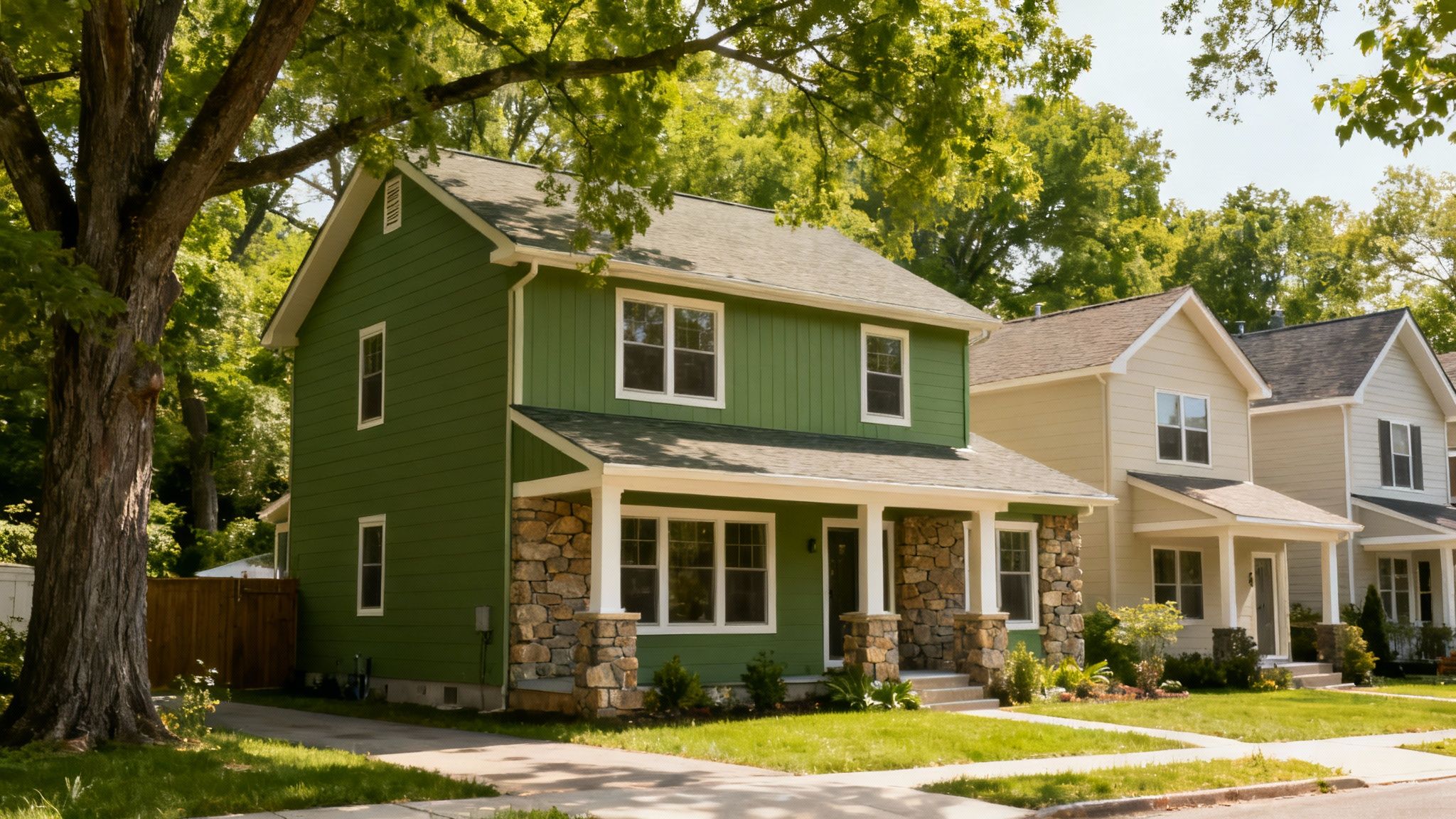 A vibrant green suburban house with stone columns, surrounded by lush trees on a sunny day.