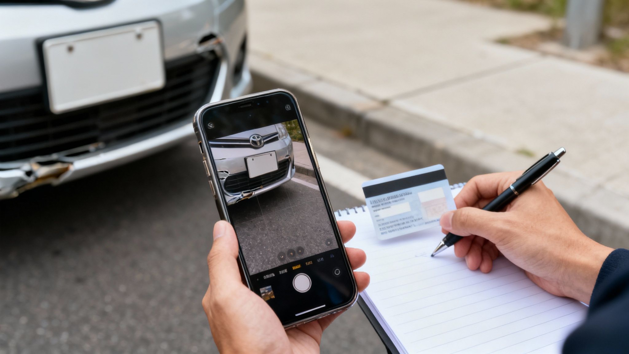 Person documenting a car accident scene, taking photos with a smartphone and writing notes.