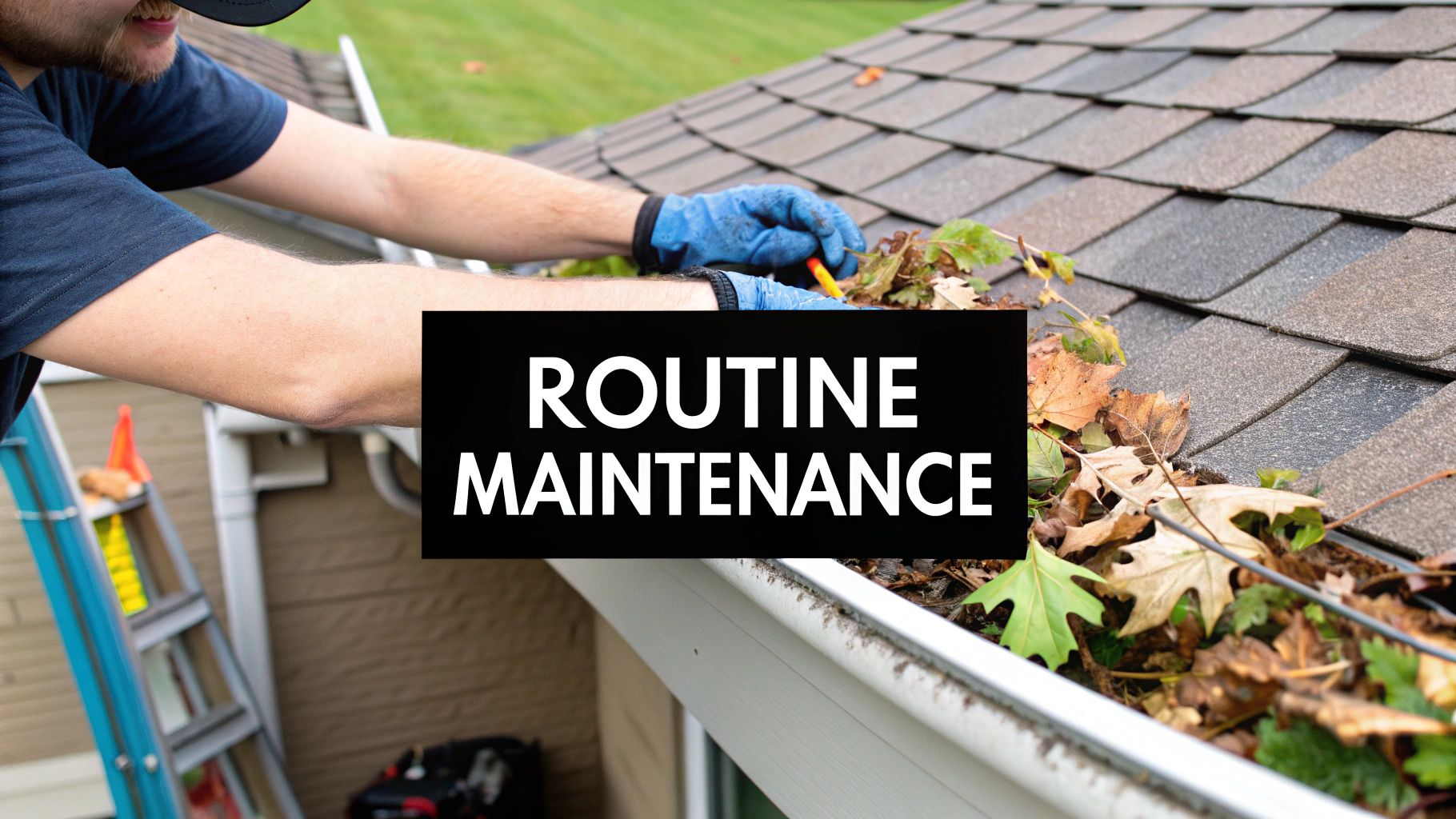 A person in blue gloves cleans a clogged rain gutter filled with autumn leaves.