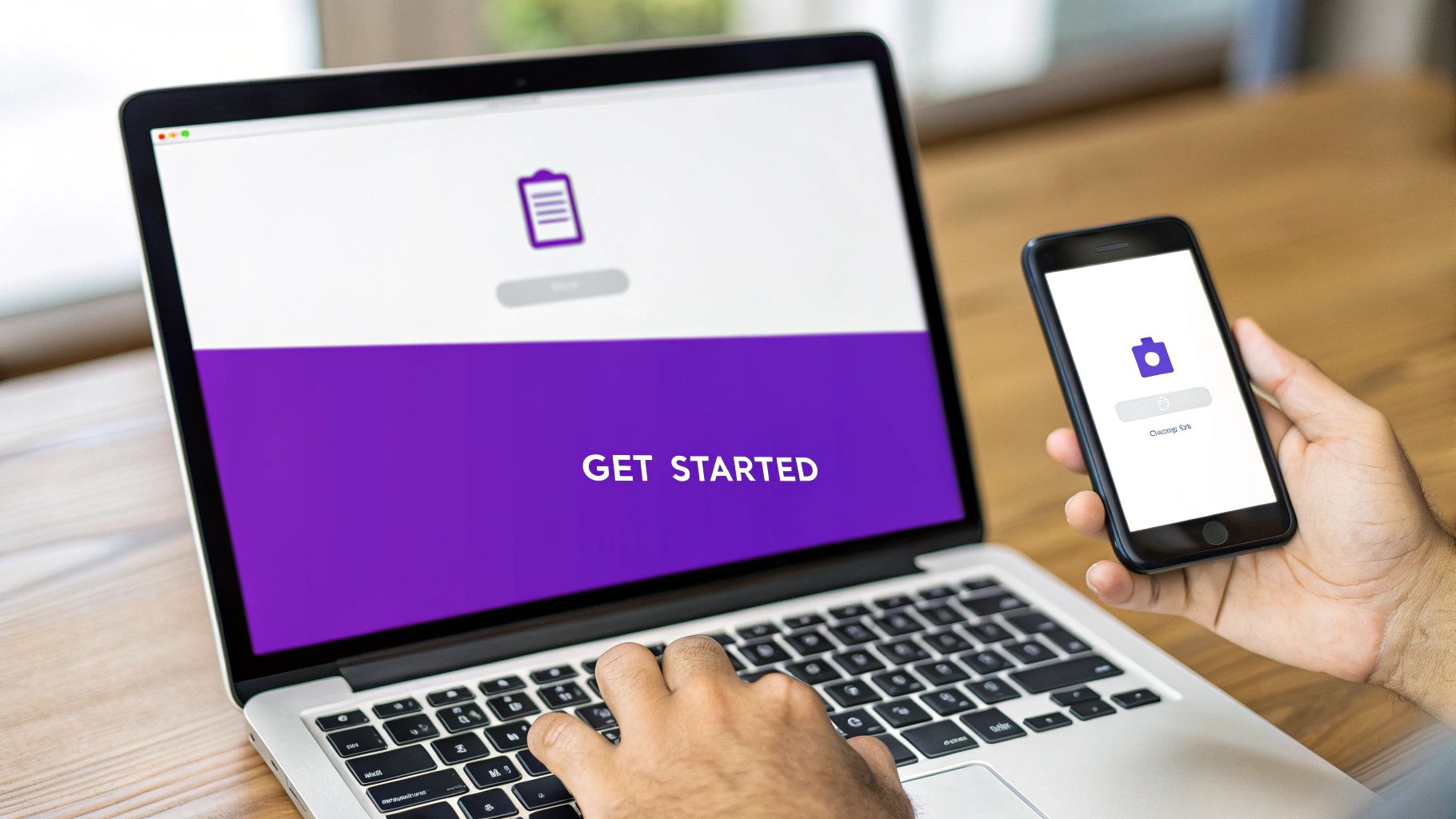 A person uses a laptop displaying a 'GET STARTED' screen and holds a smartphone showing a camera app.