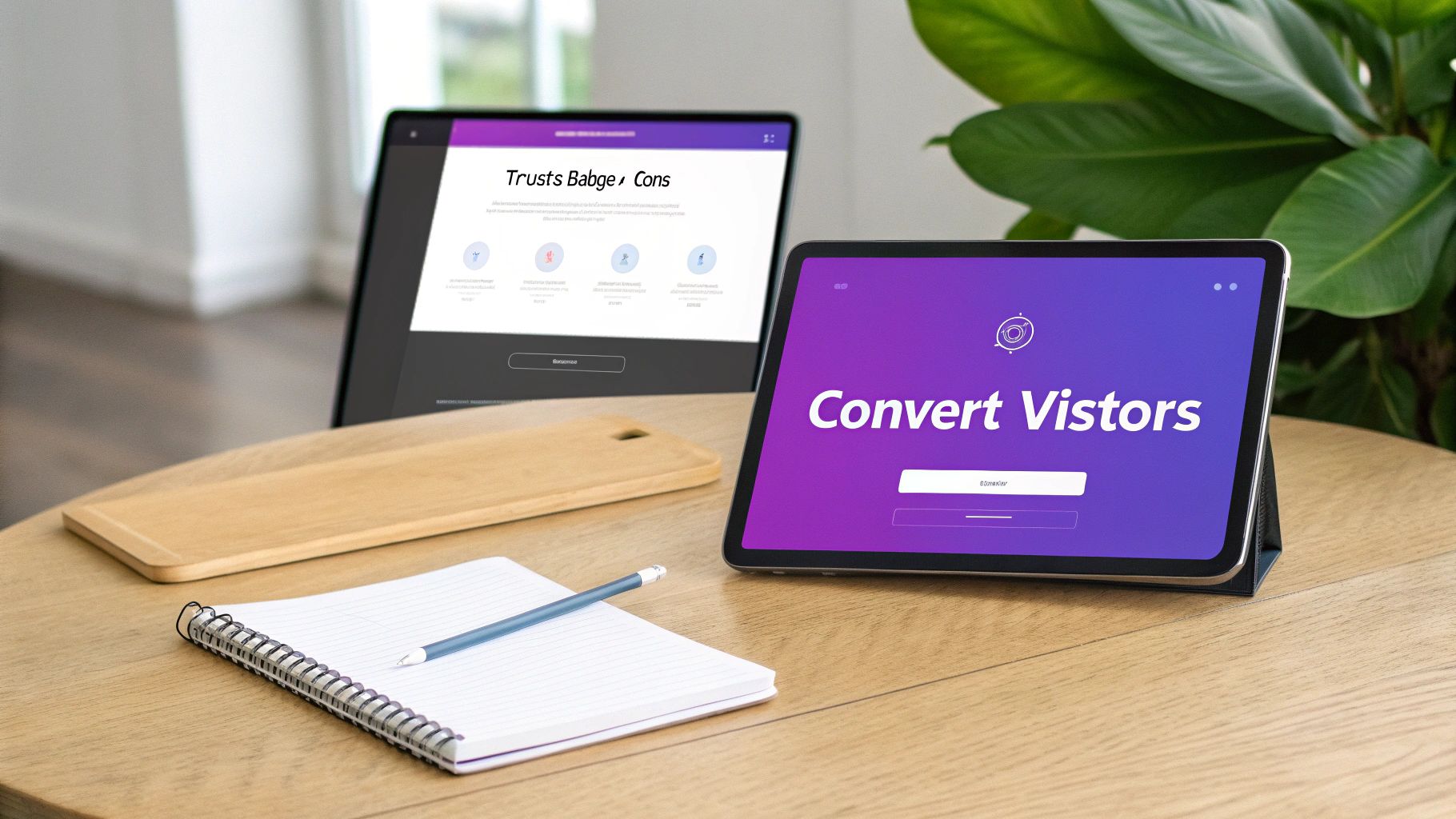 Two tablets display marketing content on a wooden table, alongside a notebook and pen.
