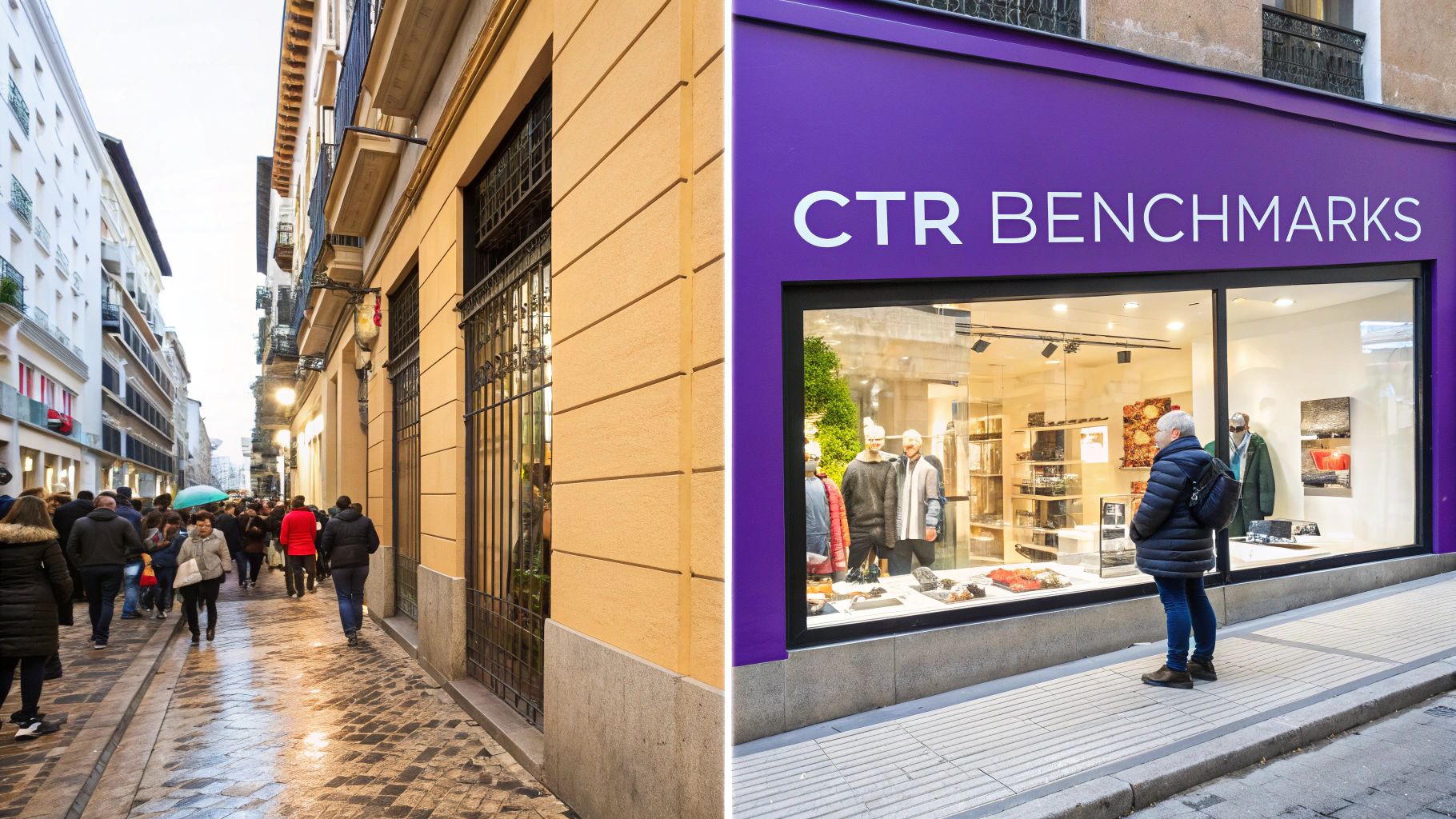 A split image showing a bustling cobblestone street on the left and a 'CTR BENCHMARKS' store with a purple sign on the right.